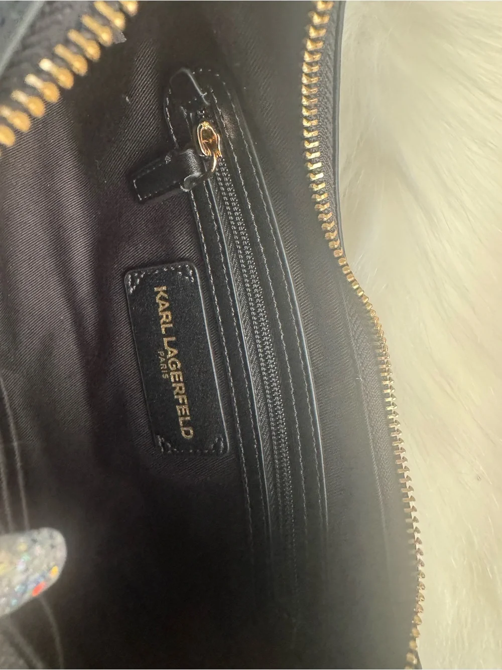 Karl Lagerfeld Black Pebbled Leather Crescent Shoulder Bag with Gold Hardware